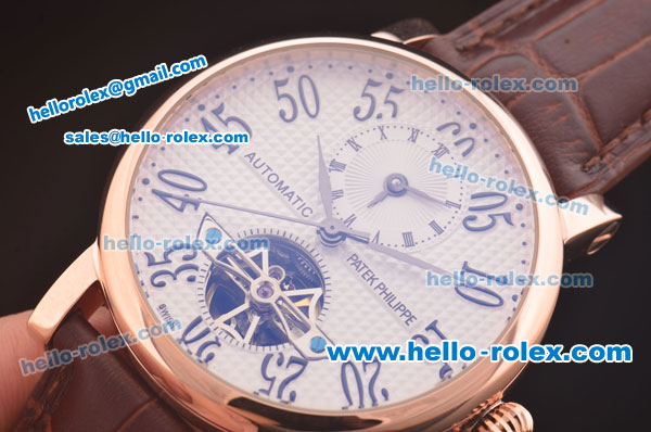 Patek Philippe Tourbillon Automatic Rose Gold Case with White Dial and Brown Leather Strap - Click Image to Close